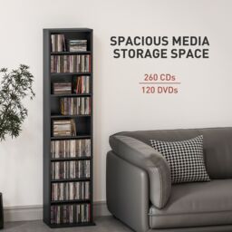 HOMCOM 260 CD Storage Unit 120 DVD Storage Tower with 9 Compartments in Black - thumbnail 4