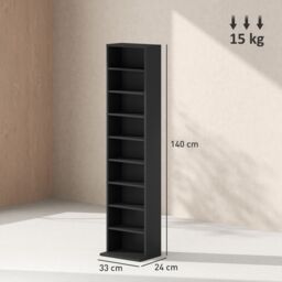 HOMCOM 260 CD Storage Unit 120 DVD Storage Tower with 9 Compartments in Black - thumbnail 3