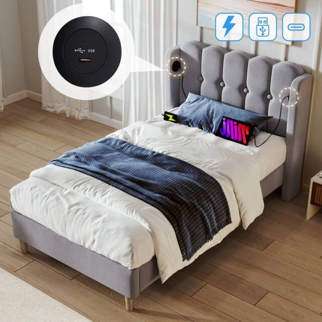 BTM Upholstered Wooden Slatted Bed Frame with USB & Type-C Charging in Grey - Size: Double - image 1