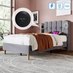 BTM Upholstered Wooden Slatted Bed Frame with USB & Type-C Charging in Grey - Size: Double - thumbnail 3
