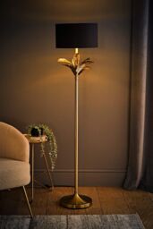 ValueLights Christina Fabric with Metallic Gold Inner Drum Shade Gold Palm Leaf Floor Lamp in Black - thumbnail 2