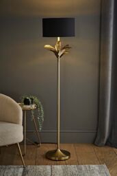 ValueLights Christina Fabric with Metallic Gold Inner Drum Shade Gold Palm Leaf Floor Lamp in Black