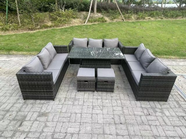 Fimous U Shape Outdoor Rattan Garden Furniture Sofa Set Lounge Adjustable Rising Lifting Tables Footstool in Dark Grey - image 1