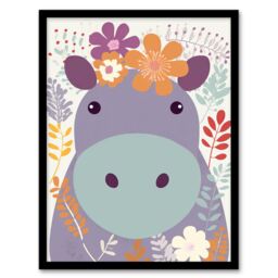 Artery8 Wall Art Print My Name Is Harriet Cute Hippo w/ Flowers Pastel Colour Graphic Artwork Purple Orange Kids Bedroom Zoo Animal Floral Painting - thumbnail 1