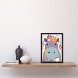 Artery8 Wall Art Print My Name Is Harriet Cute Hippo w/ Flowers Pastel Colour Graphic Artwork Purple Orange Kids Bedroom Zoo Animal Floral Painting - thumbnail 4