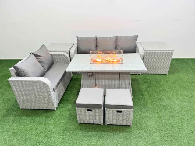 Fimous 7 Seater PE Rattan Wicker Garden Furniture Patio Conservatory Sofa Set with Firepit Dining Table 3 Seater Sofa Love Sofa 2 Stools 2 Side Table - image 1