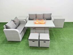 Fimous 7 Seater PE Rattan Wicker Garden Furniture Patio Conservatory Sofa Set with Firepit Dining Table 3 Seater Sofa Love Sofa 2 Stools 2 Side Table - thumbnail 1