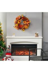 Living and Home 55cm Pre-Lit Autumn Wreath with Sunflower, Wheat & Maple Leaves in Brown - thumbnail 2