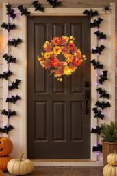 Living and Home 55cm Pre-Lit Autumn Wreath with Sunflower, Wheat & Maple Leaves in Brown - thumbnail 1