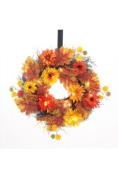 Living and Home 55cm Pre-Lit Autumn Wreath with Sunflower, Wheat & Maple Leaves in Brown - thumbnail 3