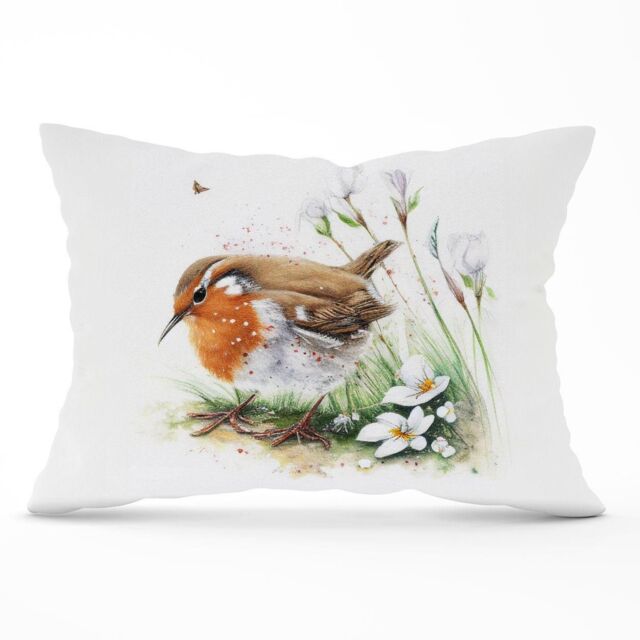 Warren Reed - Designer Robin & Daisies Watercolour Cushions in Brown - Size: 60 cm x 60 cm - image 1