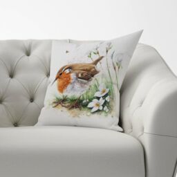 Warren Reed - Designer Robin & Daisies Watercolour Cushions in Brown - Size: 60 cm x 60 cm - thumbnail 2