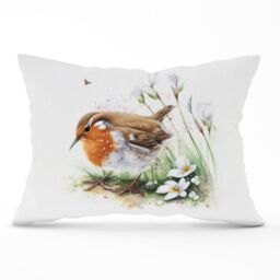 Warren Reed - Designer Robin & Daisies Watercolour Cushions in Brown - Size: 60 cm x 60 cm - thumbnail 1