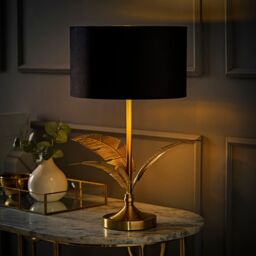 ValueLights Christina Velvet with Gold Inner Drum Shade Gold Palm Leaf Table Lamp with Bulb in Black - thumbnail 3