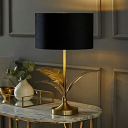 ValueLights Christina Velvet with Gold Inner Drum Shade Gold Palm Leaf Table Lamp with Bulb in Black