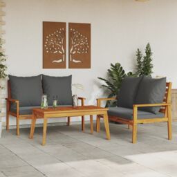 Berkfield Home 3 Piece Garden Lounge Set with Cushions Solid Wood Acacia in Brown - thumbnail 1