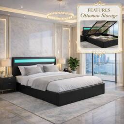 Harmin Black Double 4ft6 Faux Leather Ottoman Storage Bed with LED Headboard - Size: EU Double