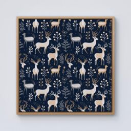 "Warren Reed - Designer Reindeer, Whimsical, Illustration Pattern Framed Canvas in Light Brown - Size: W30"" x H30""" - thumbnail 1