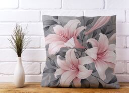 Warren Reed - Designer Pink Lilies On Grey Cushions - Size: 45 cm x 45 cm - thumbnail 2