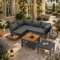 Merax Garden Furniture Sofa Set with Rising Coffee Table, Side Tables in Grey