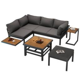 Merax Garden Furniture Sofa Set with Rising Coffee Table, Side Tables in Grey - thumbnail 5