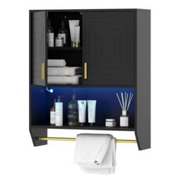 Costway Wall Mounted Bathroom Cabinet Over the Toilet Storage Cabinet w/Lights in Black - thumbnail 4