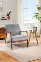 Living and Home Corduroy Armchair with Rattan Armrest in Grey - thumbnail 1