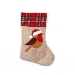 Shatchi Large Xmas Stocking Printed Pattern Burlap Hessian Linen Robin Sack Sock Hanging Bags Home Decorations in Brown