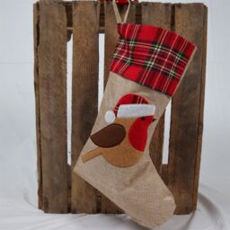 Shatchi Large Xmas Stocking Printed Pattern Burlap Hessian Linen Robin Sack Sock Hanging Bags Home Decorations in Brown - thumbnail 4