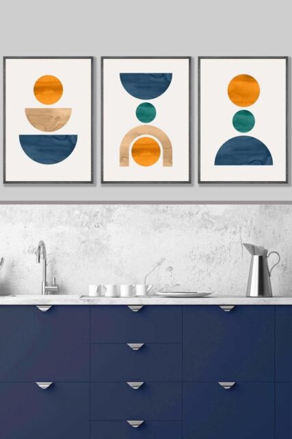 ARTZE Set of 3 Dark Grey Framed Mid Century Graphical Shapes in Navy Blue Orange Wall Art - Size: W33 cm x H45 cm x D20mm - image 1