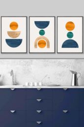 ARTZE Set of 3 Dark Grey Framed Mid Century Graphical Shapes in Navy Blue Orange Wall Art - Size: W33 cm x H45 cm x D20mm - thumbnail 1