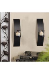 Living and Home 2Pcs Wall-Mounted Candle Holders with Glass Cups Arched Sconce Style in Black - thumbnail 3