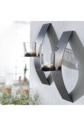 Living and Home 2Pcs Wall-Mounted Candle Holders with Glass Cups Arched Sconce Style in Black - thumbnail 1