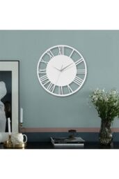 Living and Home 30cm Dia Wooden Round Hollow Roman Numeral Wall Clock with Metal Hands in White