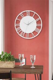 Living and Home 30cm Dia Wooden Round Hollow Roman Numeral Wall Clock with Metal Hands in White - thumbnail 2