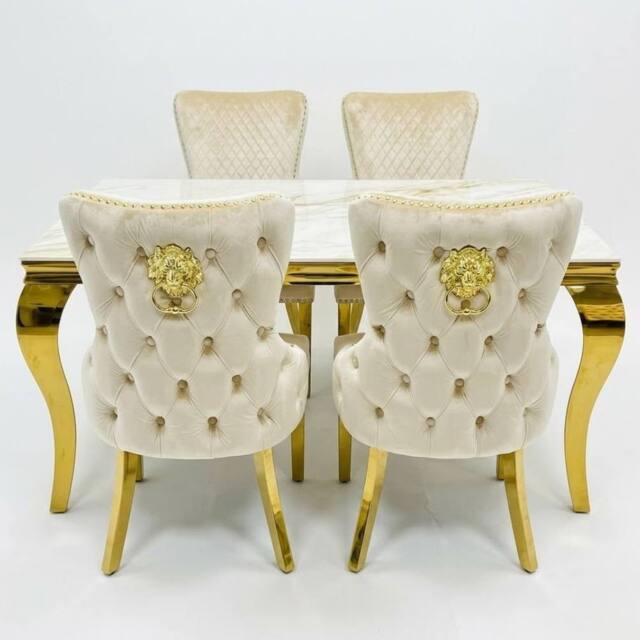 HOME LUXE INTERIOR Sofia 1.2m Cream & Gold Marble Table & 4 Victoria Mink Lion Chairs - image 1