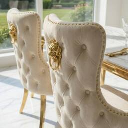 HOME LUXE INTERIOR Sofia 1.2m Cream & Gold Marble Table & 4 Victoria Mink Lion Chairs - thumbnail 6