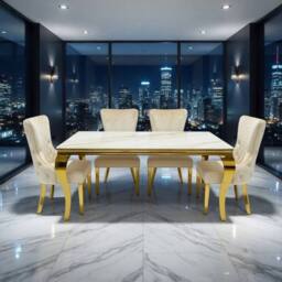 HOME LUXE INTERIOR Sofia 1.2m Cream & Gold Marble Table & 4 Victoria Mink Lion Chairs - thumbnail 3