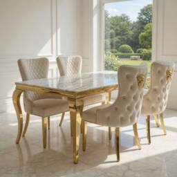 HOME LUXE INTERIOR Sofia 1.2m Cream & Gold Marble Table & 4 Victoria Mink Lion Chairs - thumbnail 4