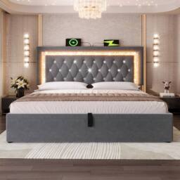 BTM Velvet Bed with LED, USB-C Charging & Hydraulic Storage in Grey - Size: Super King - thumbnail 7
