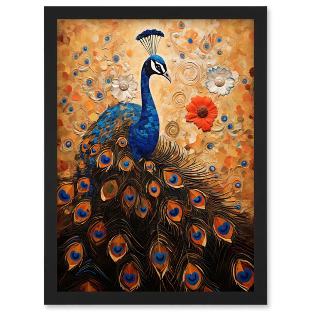 Artery8 Wall Art Print Peacock Bird Gustav Klimt Style Oil Painting Gold Orange Blue Portrait with Flowers Artwork Framed A4 in Black - image 1
