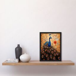 Artery8 Wall Art Print Peacock Bird Gustav Klimt Style Oil Painting Gold Orange Blue Portrait with Flowers Artwork Framed A4 in Black - thumbnail 2