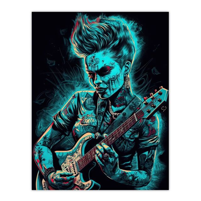 "Artery8 Wall Art Print Psychobilly Music Electric Blue Artwork Rockabilly Punk Rock Guitarist With Tattoos Portrait Poster - Size: W24"" x H32""" - image 1