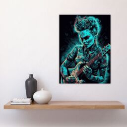 "Artery8 Wall Art Print Psychobilly Music Electric Blue Artwork Rockabilly Punk Rock Guitarist With Tattoos Portrait Poster - Size: W24"" x H32""" - thumbnail 4