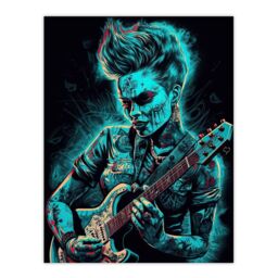 "Artery8 Wall Art Print Psychobilly Music Electric Blue Artwork Rockabilly Punk Rock Guitarist With Tattoos Portrait Poster - Size: W24"" x H32""" - thumbnail 1