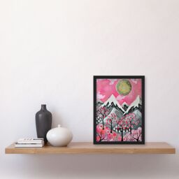 "Artery8 Folk Art Mountain Range Sunset Cherry Blossom Framed Art Print in Pink - Size: W12"" x H16""" - thumbnail 4
