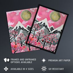 "Artery8 Folk Art Mountain Range Sunset Cherry Blossom Framed Art Print in Pink - Size: W12"" x H16""" - thumbnail 2