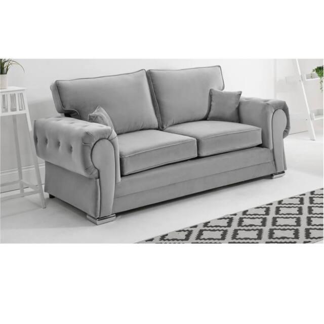 Furniture 786 Chingford Plush Velvet Full Back 3 Seater Sofa in Silver
