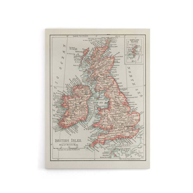 "Artery8 1900 British Isles Map Rand Mcnally Vintage Canvas Wall Art in White - Size: W18"" x H24""" - image 1