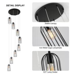 Garwarm 8 Light Modern Caged Pendant Light Long Staircase Chandelier in Black - thumbnail 4